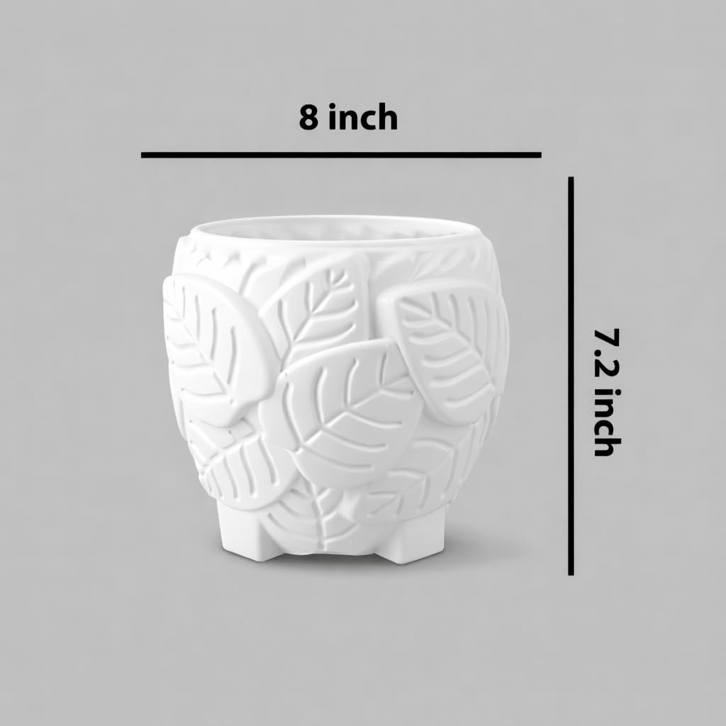 Green Heaven 8 Inch Leaf Design Plastic Planter Pot for Indoor & Outdoor Plants | Decorative Flower Pot with Embossed Leaf Pattern | UV Resistant, Lightweight & Durable Garden Pot (White, Pack of 2) - Image 4