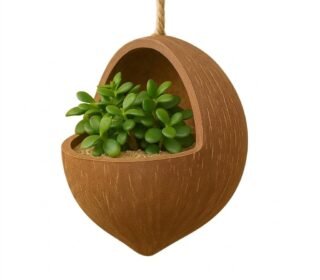 Coconut Shell Hanging Planter with Jute Rope, Natural Brown Pack of 4
