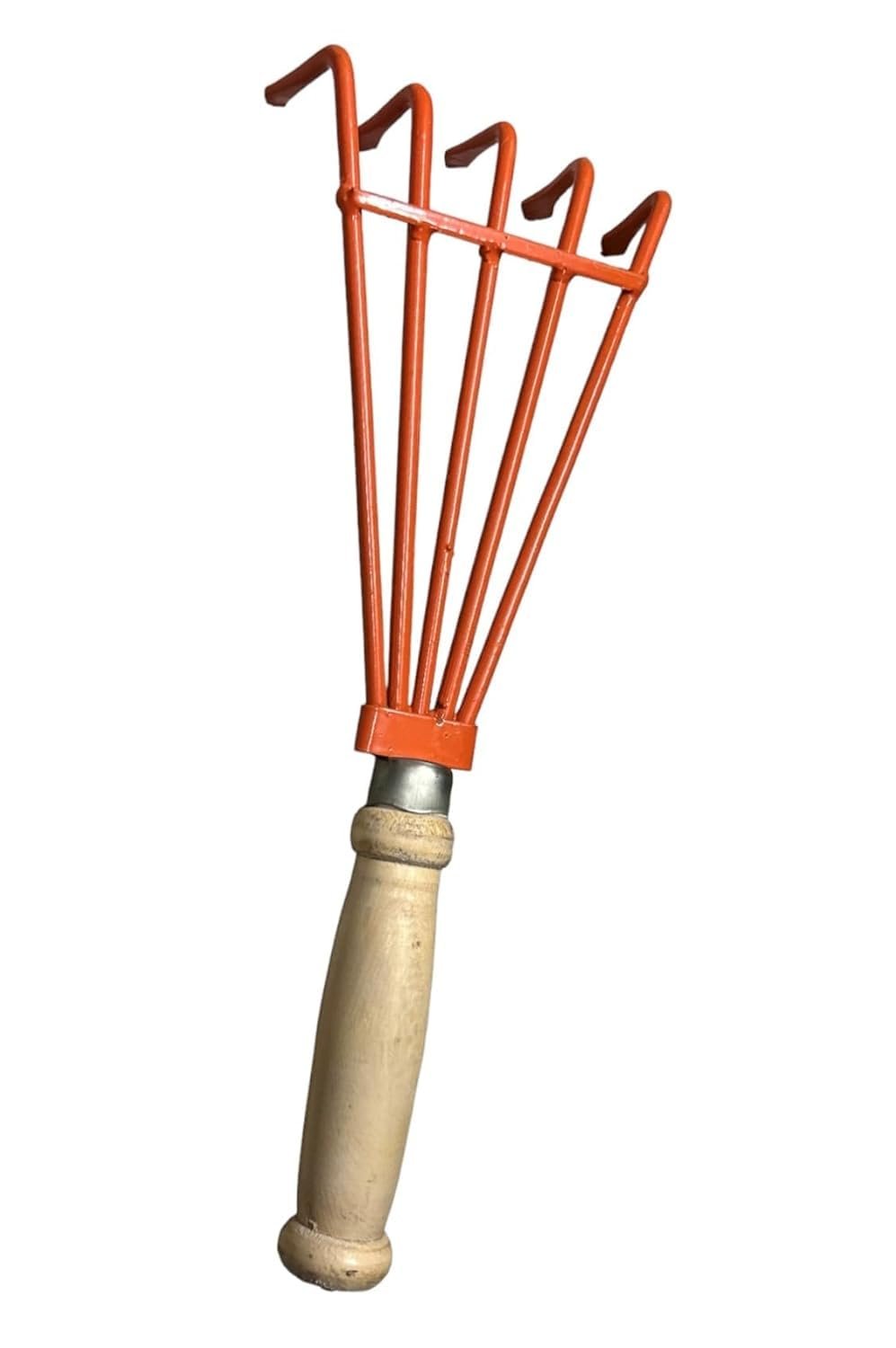 NADEEMS World Garden Hand Cultivator, 5-Tine Metal Head, Wooden Handle, Orange
