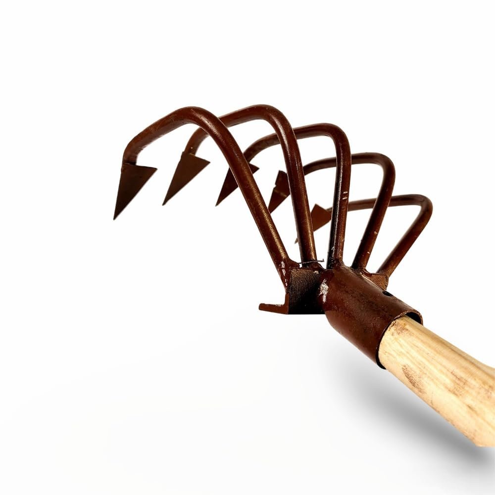 5 Prong Claw Garden Fork, Heavy Duty Cultivator with Wooden Handle, Large Tilling Tool for Soil Loosening - Image 2