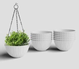 SHERA Hanging Wave 8 Inch Plastic Flower Pot for Plant Pack of 12 Pcs Round Shape Hanging Pot for Balcony Railing Planters for Indoor and Outdoor Garden (White)