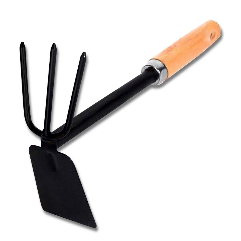 Garden Hand Cultivator with Hoe (Double Hoe, 2 in1 Heavy Duty Gardening Tool with Wooden Handle, Hand Weeder Rake for Loosening Soil, Digging & Planting for Home Garden Pots Yard