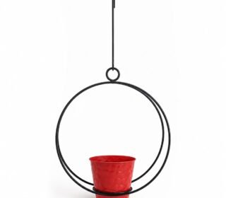 12-Inch Double Ring Hanging Metal Planter Holder with Pot, Matte Black Iron Hanging Plant Stand for Indoor & Outdoor Balcony, Garden, Patio & Home Decor