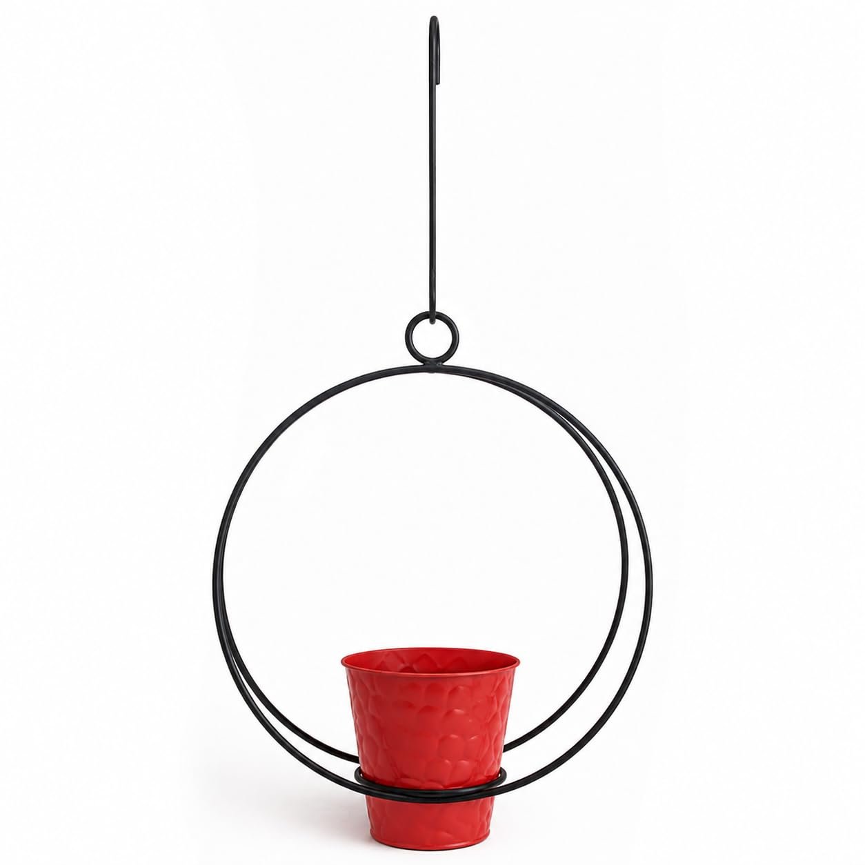 12-Inch Double Ring Hanging Metal Planter Holder with Pot, Matte Black Iron Hanging Plant Stand for Indoor & Outdoor Balcony, Garden, Patio & Home Decor