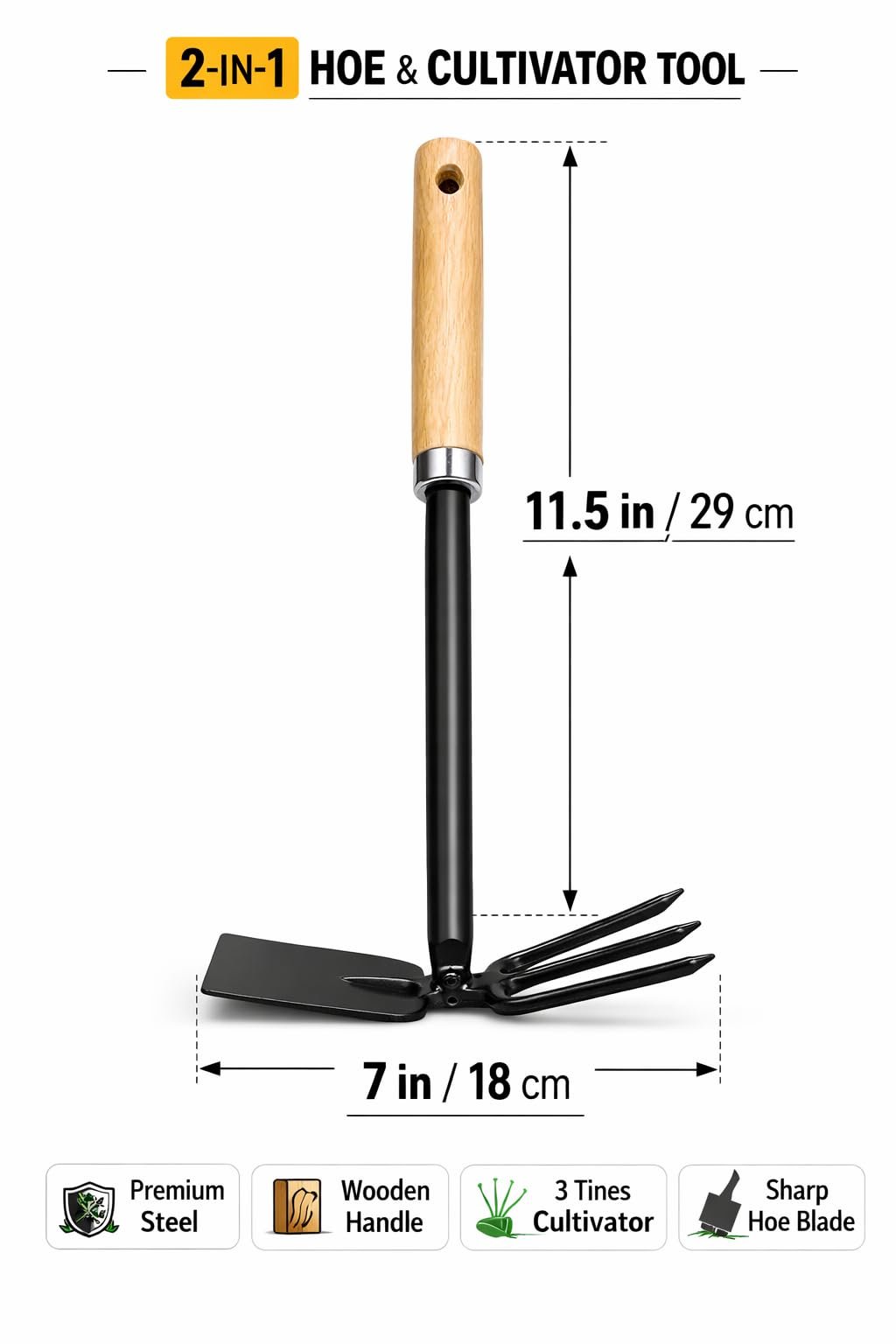 Garden Hand Cultivator with Hoe (Double Hoe, 2 in1 Heavy Duty Gardening Tool with Wooden Handle, Hand Weeder Rake for Loosening Soil, Digging & Planting for Home Garden Pots Yard - Image 3