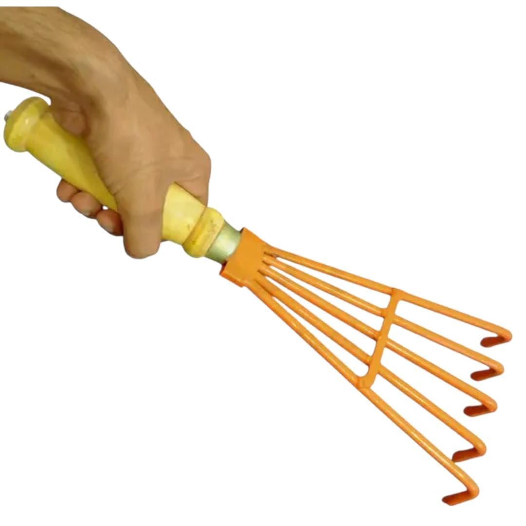 Garden Hand Cultivator Rake with Wooden Handle, 5 Prong Metal Tines, Carbon Steel, 15.5 Inch, Manual, Multicolor