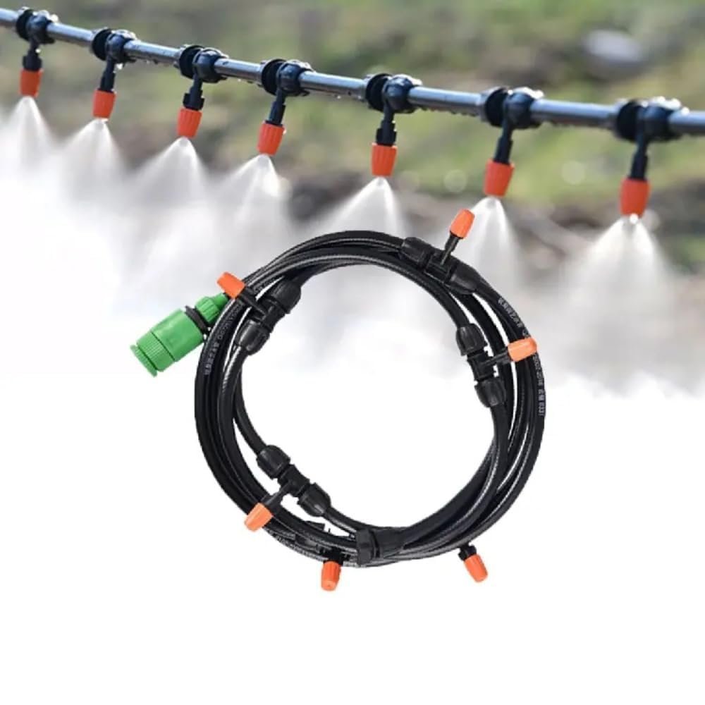 Outdoor Misting System with Adjustable Nozzles, Garden Irrigation Kit, Black, 6 Spray Heads, Automatic Watering System for Greenhouse, Patio, Lawn Cooling