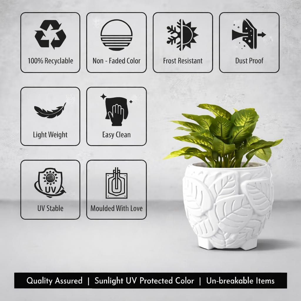Green Heaven 8 Inch Leaf Design Plastic Planter Pot for Indoor & Outdoor Plants | Decorative Flower Pot with Embossed Leaf Pattern | UV Resistant, Lightweight & Durable Garden Pot (White, Pack of 2) - Image 5