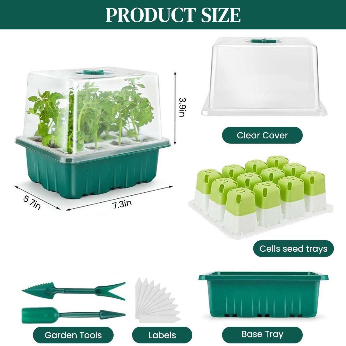 Seed Starter Tray, 12 Pots, 2 Tools, 10 Labels, Clear Lid - Image 2