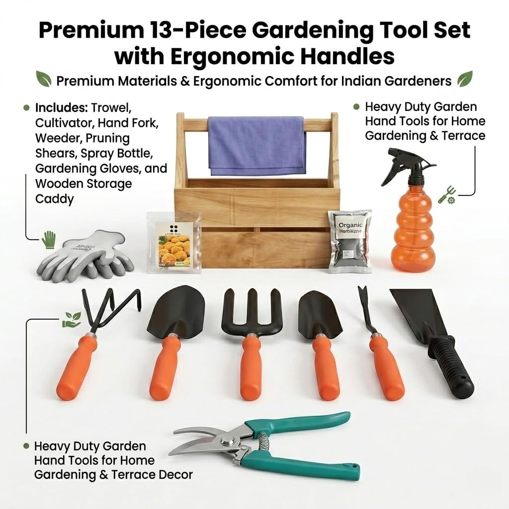 13-Piece Garden Tool Set + Premium Wooden Caddy – Professional Gardening Kit for Home, Balcony & Terrace – Includes Heavy Duty Hand Tools, Pruning Shear, Spray Bottle, Gloves, Organic Manure & Seeds - Image 2