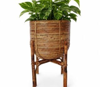 Handcrafted Natural Rattan Planter Stand with Basket | Indoor & Outdoor Decorative Plant Holder | Eco-Friendly Cane Flower Pot Stand for Living Room, Balcony & Garden 30D x 30W x 50H Centimeters