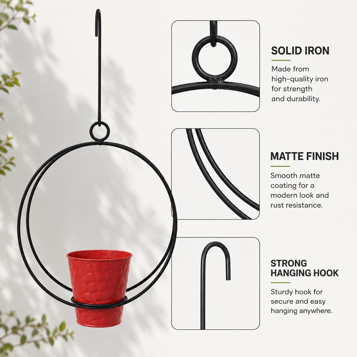 12-Inch Double Ring Hanging Metal Planter Holder with Pot, Matte Black Iron Hanging Plant Stand for Indoor & Outdoor Balcony, Garden, Patio & Home Decor - Image 6
