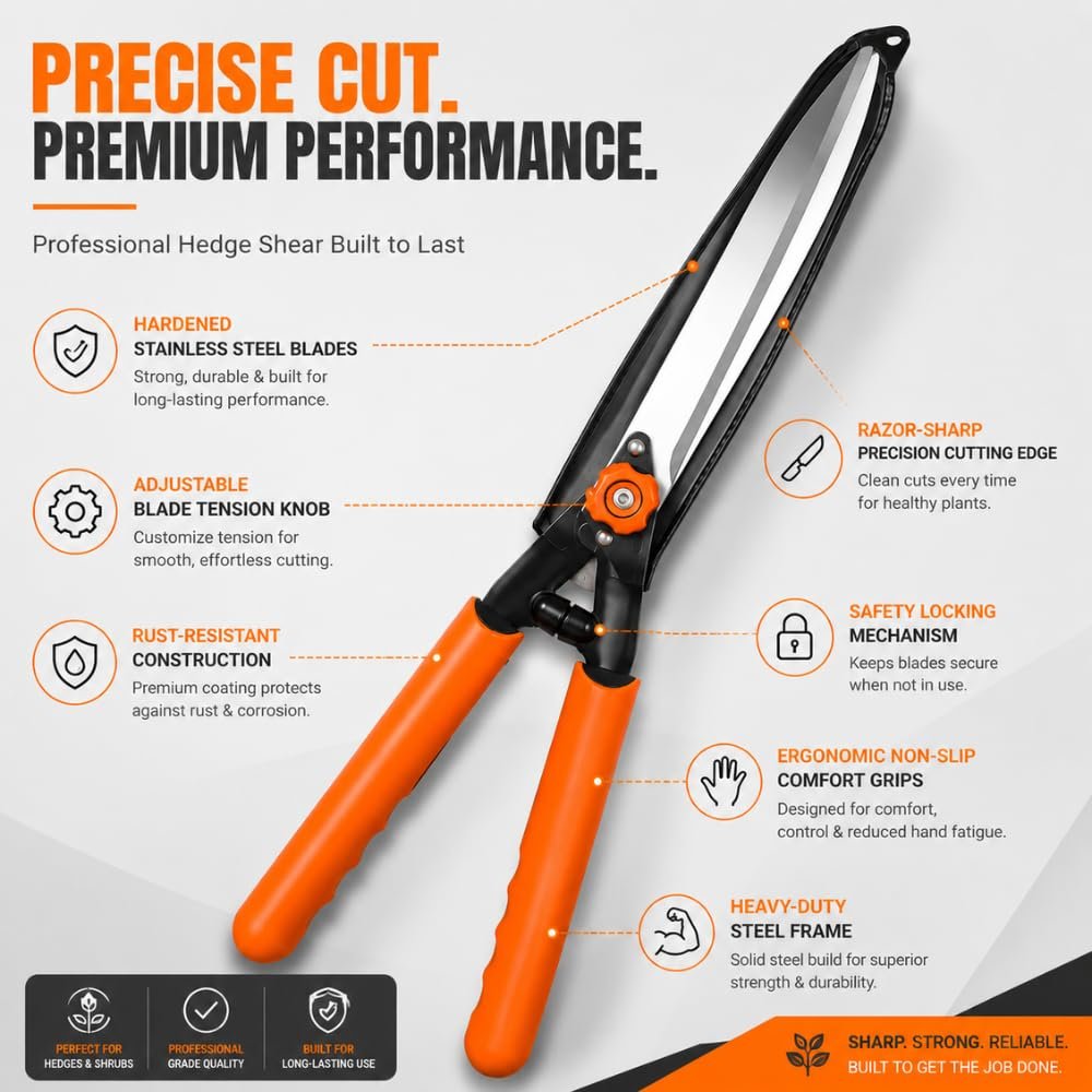 Hedge Cutter Trimmer for Garden | Heavy Duty Manual Hedge Clippers with Long Handles | Sharp Garden Pruning Shears for Bushes, Shrubs, Hedges & Plant Trimming - Image 2