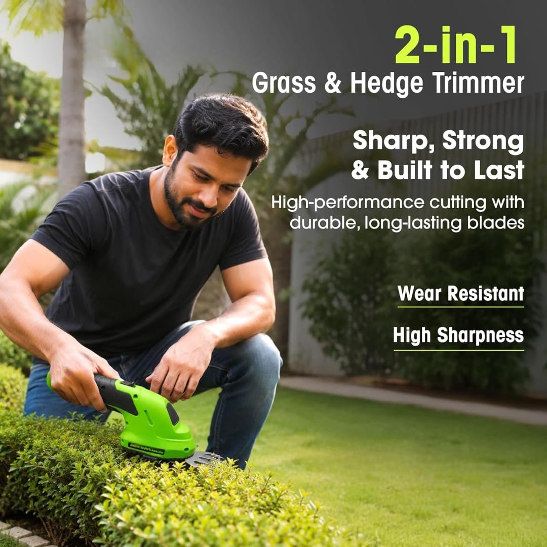 2-in-1 Cordless Hedge Trimmer, Handheld Shrub Trimmer, 8.4V Battery, Dual-Edge Blade, Lightweight Grass Shears for Lawn, Garden & Shrubs, Easy One-Hand Operation.