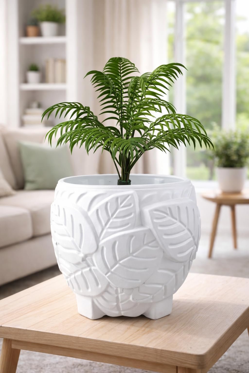 Green Heaven 8 Inch Leaf Design Plastic Planter Pot for Indoor & Outdoor Plants | Decorative Flower Pot with Embossed Leaf Pattern | UV Resistant, Lightweight & Durable Garden Pot (White, Pack of 2) - Image 2