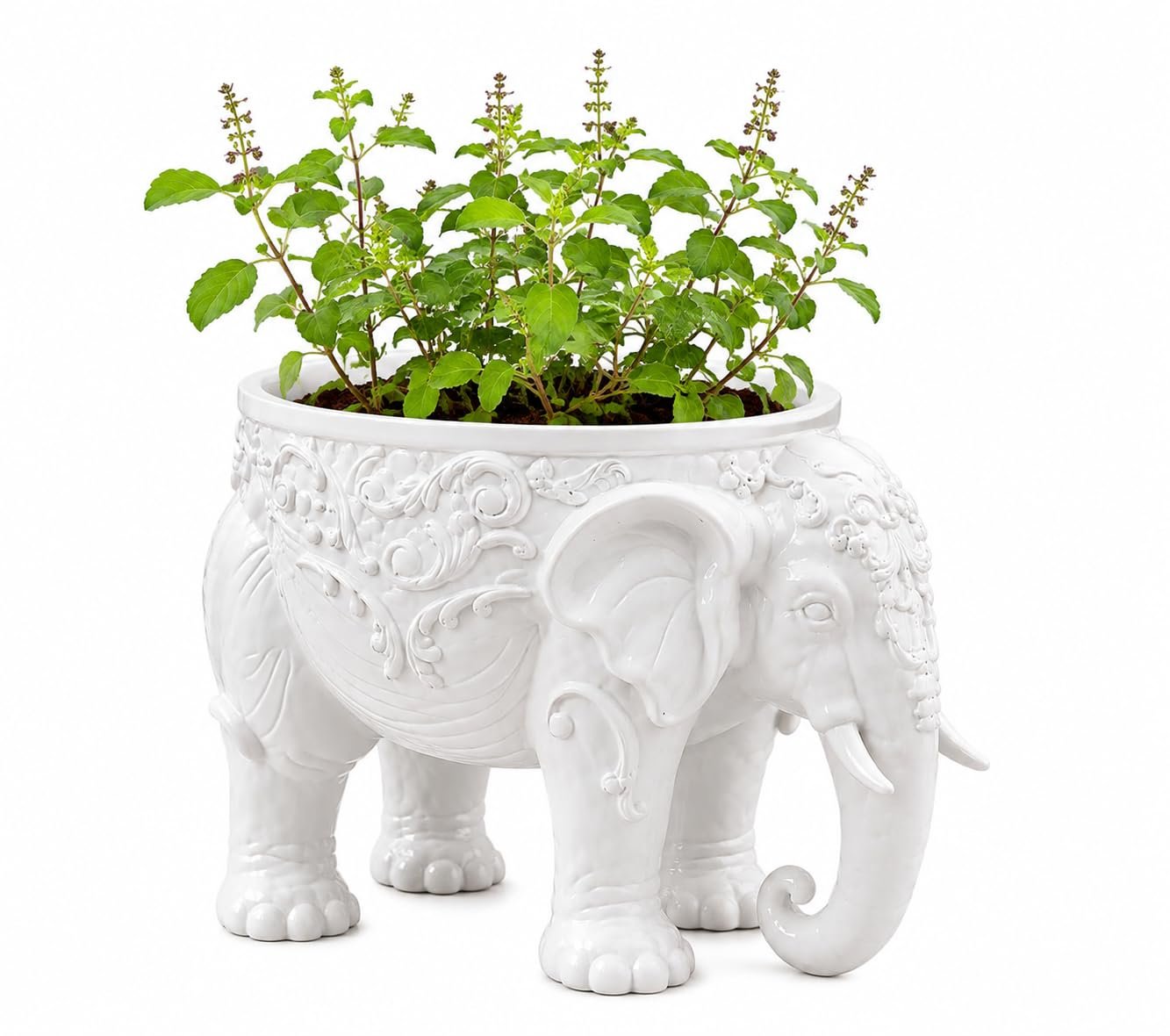 AVINOHA Airavata Nano Marble Elephant Planter Bowl for Home Decor, White, Tulsi Pot, Functional & Decorative, 23.5 x 17.5 x 17 cm