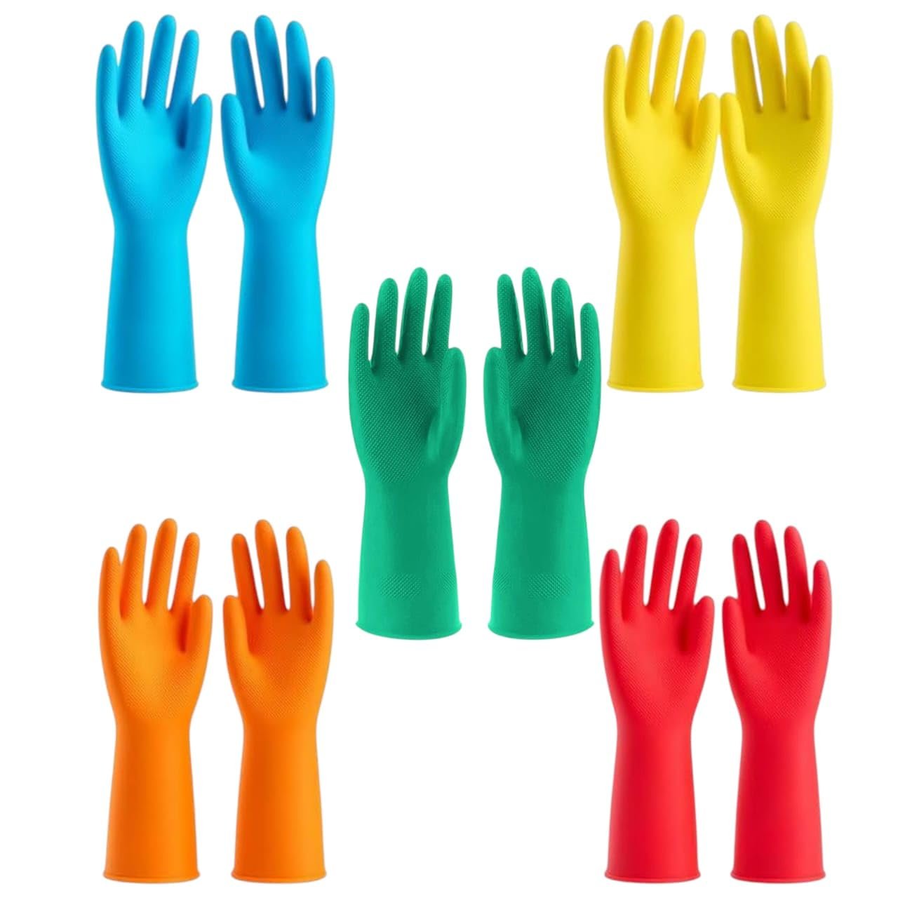 Heavy Duty Rubber Hand Gloves, Multi-Colour Pack of 5 Pairs, for Dishwashing, Gardening and Kitchen Cleaning Reusable Dry and wet Gloves