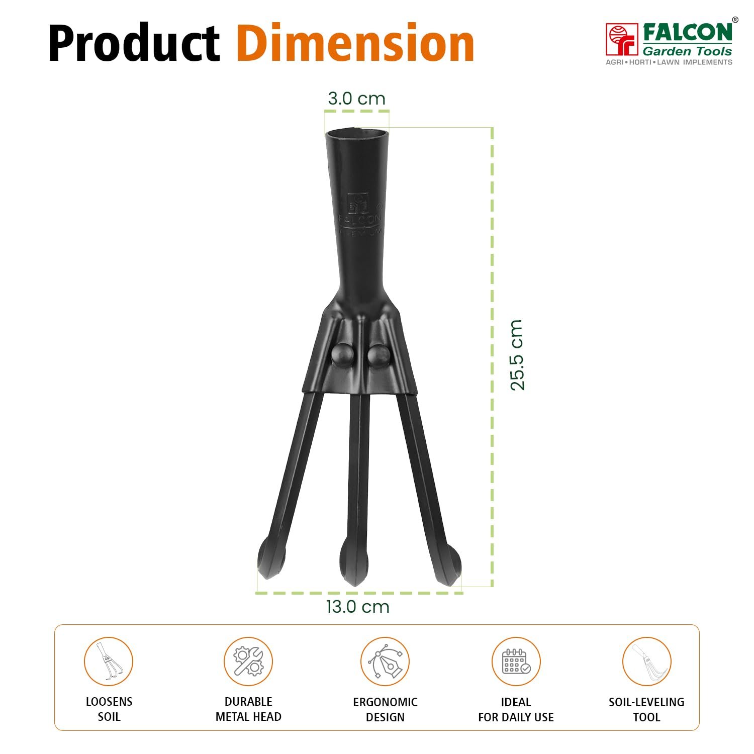 FCH-306 Garden Cultivator with Comfortable Grip and 3 Prong Stainless Steel Durable Heavy Duty Hand Tool for Agriculture & Home Gardening Soil Loosening (Black) - Image 2