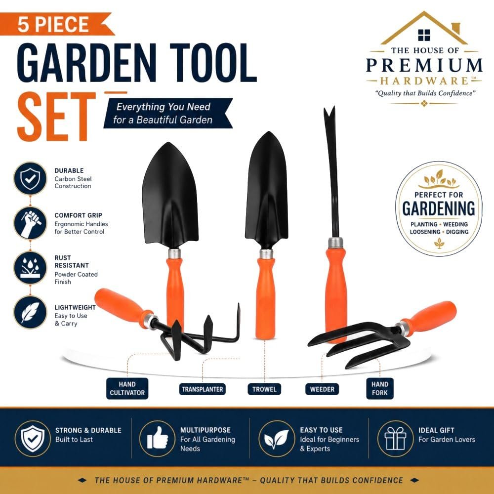 Gardening Hand Tools Set - 5 Pieces (Cultivator, Big and Small Trowel, Weeder, Fork) | Tools for Home Garden | Durable Plant Tool Kit | Farming Tools - Image 2