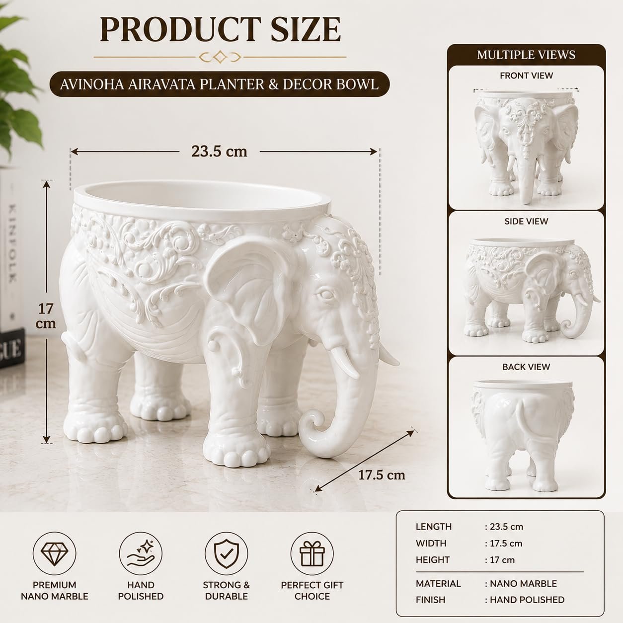 AVINOHA Airavata Nano Marble Elephant Planter Bowl for Home Decor, White, Tulsi Pot, Functional & Decorative, 23.5 x 17.5 x 17 cm - Image 4