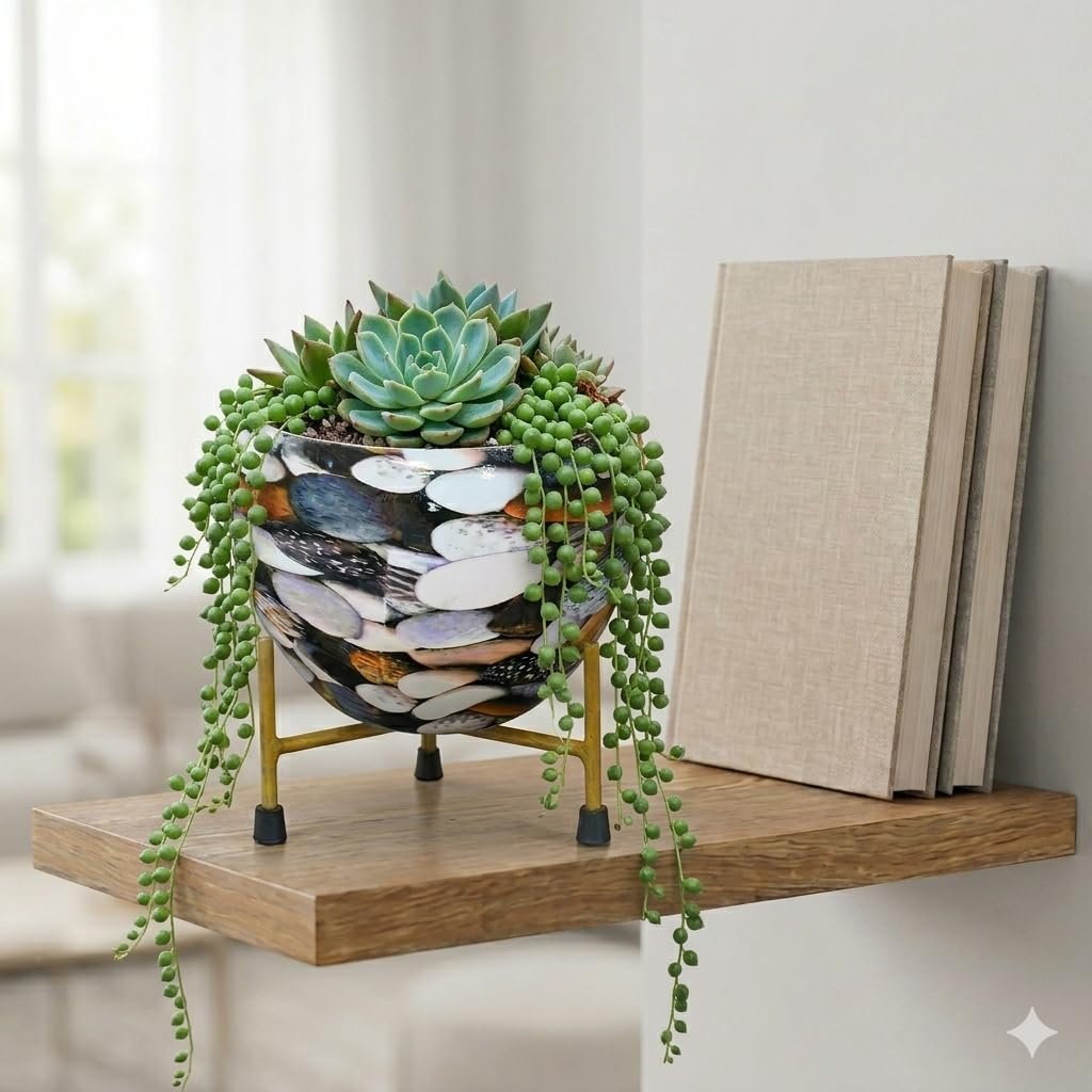 Botanical 6_Inch Decorative Planters with Modern Gold Stand – Indoor Round Metal Flower Pot for Tabletop, Shelf & Living Room Decor, Non-Slip Floor Protecting Feet (1206I) - Image 3