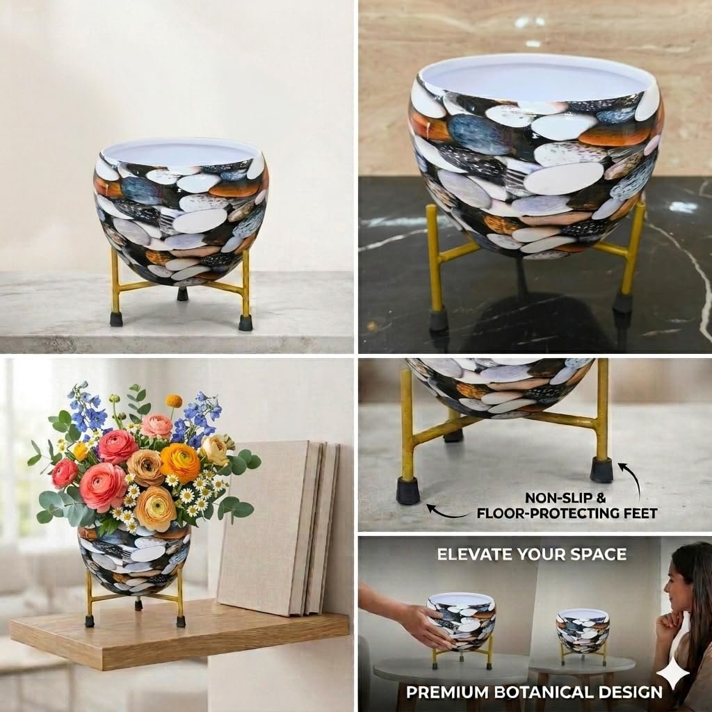Botanical 6_Inch Decorative Planters with Modern Gold Stand – Indoor Round Metal Flower Pot for Tabletop, Shelf & Living Room Decor, Non-Slip Floor Protecting Feet (1206I) - Image 5