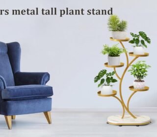 5 Tier Gold Metal Plant Stand with Tree Branch Design, Modern Glam Style, MDF Base, for Indoor and Outdoor Use