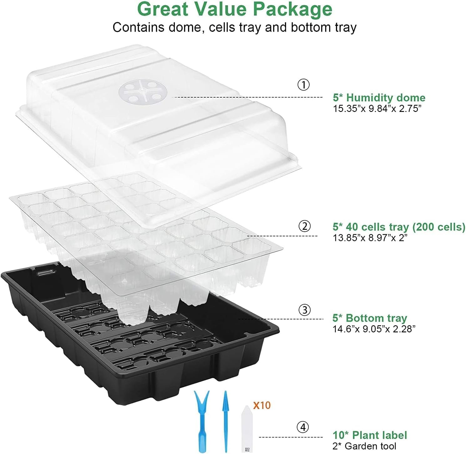 Seedling Trays Seed Starter Tray, 5-Pack Mini Propagator Plant Grow Kit Greenhouse with Humidity Vented Domes and Base for Seeds' Starting (40 Cells Per Tray, Total 200 Cells), Black - Image 6