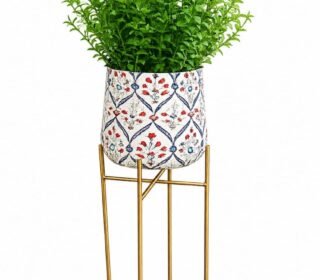 Floral Printed Metal Planter with Gold Stand, Indoor & Outdoor