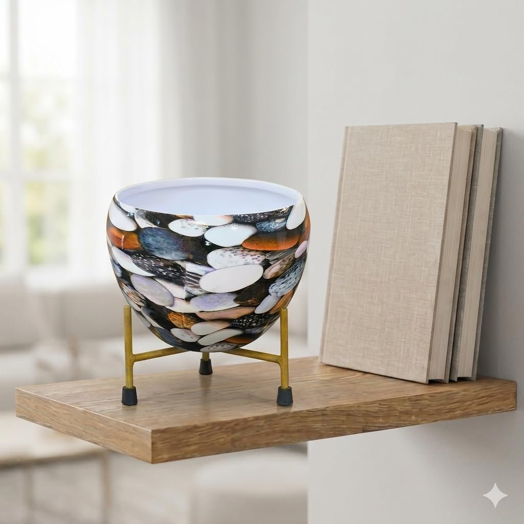 Botanical 6_Inch Decorative Planters with Modern Gold Stand – Indoor Round Metal Flower Pot for Tabletop, Shelf & Living Room Decor, Non-Slip Floor Protecting Feet (1206I)
