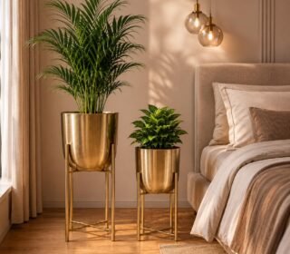 Indian Decormart Metal Decorative Modern Indoor Planters Flower Pots Home Garden Decor - Living Room Bedroom Interior (Gold Color, 56cm x 26cm)