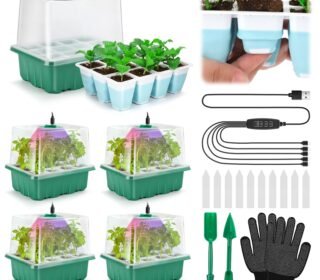 Seed Starter Tray with Grow Light, 60 Flexible Cells 5 PCS Seed Starter Kit, Reusable Seedling Starter Trays with Humidity Dome & High Lid, Germination Trays for Indoor Greenhouse Seed Starter