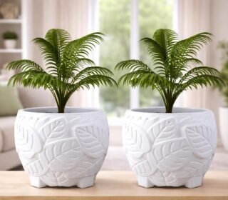 Green Heaven 8 Inch Leaf Design Plastic Planter Pot for Indoor & Outdoor Plants | Decorative Flower Pot with Embossed Leaf Pattern | UV Resistant, Lightweight & Durable Garden Pot (White, Pack of 2)
