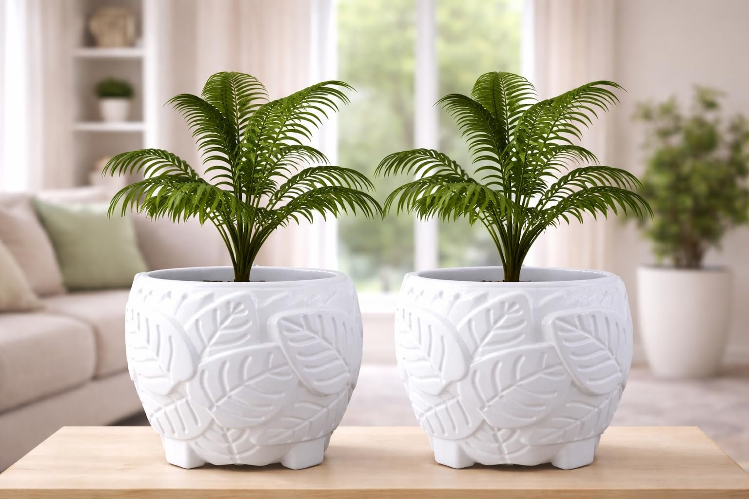 Green Heaven 8 Inch Leaf Design Plastic Planter Pot for Indoor & Outdoor Plants | Decorative Flower Pot with Embossed Leaf Pattern | UV Resistant, Lightweight & Durable Garden Pot (White, Pack of 2)