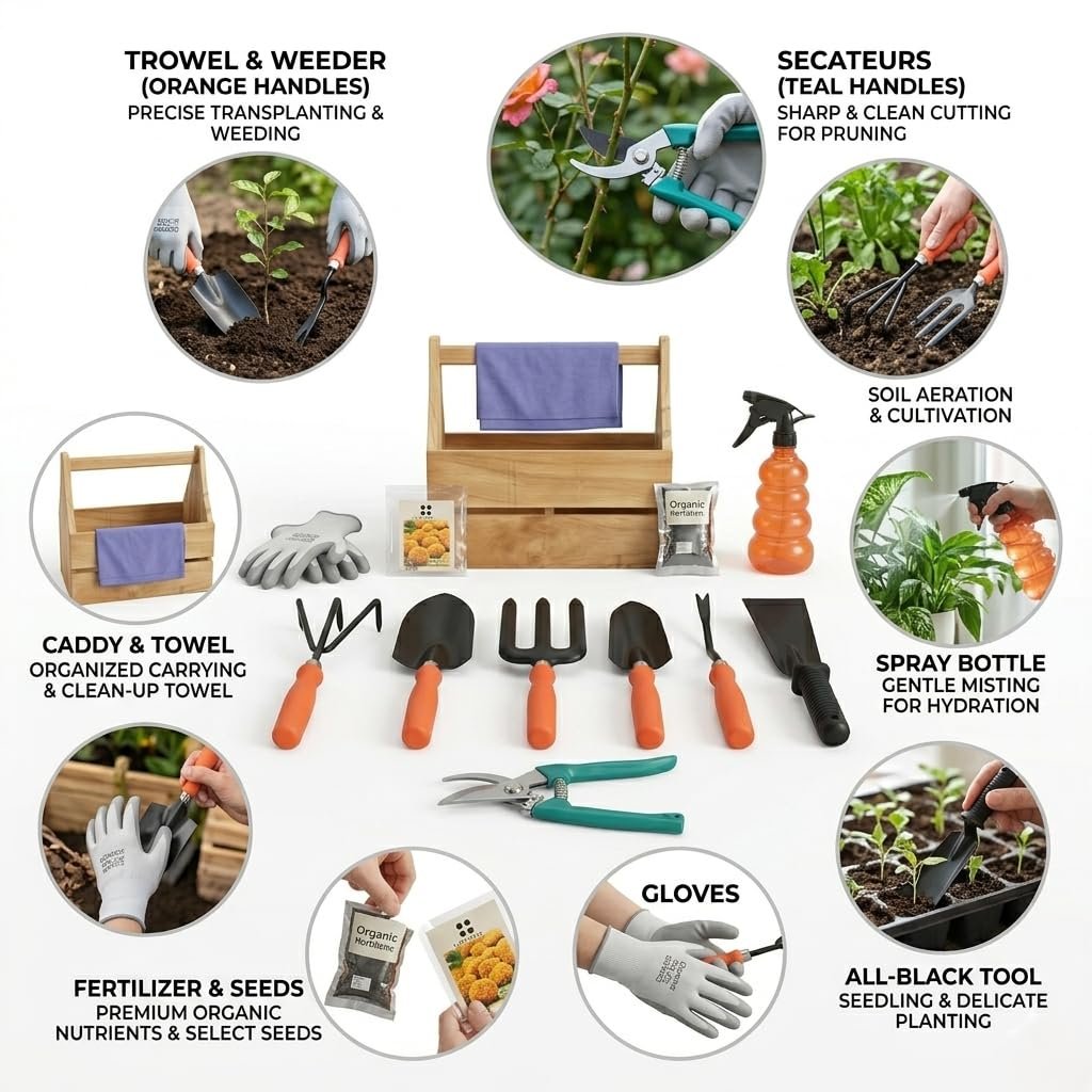 13-Piece Garden Tool Set + Premium Wooden Caddy – Professional Gardening Kit for Home, Balcony & Terrace – Includes Heavy Duty Hand Tools, Pruning Shear, Spray Bottle, Gloves, Organic Manure & Seeds