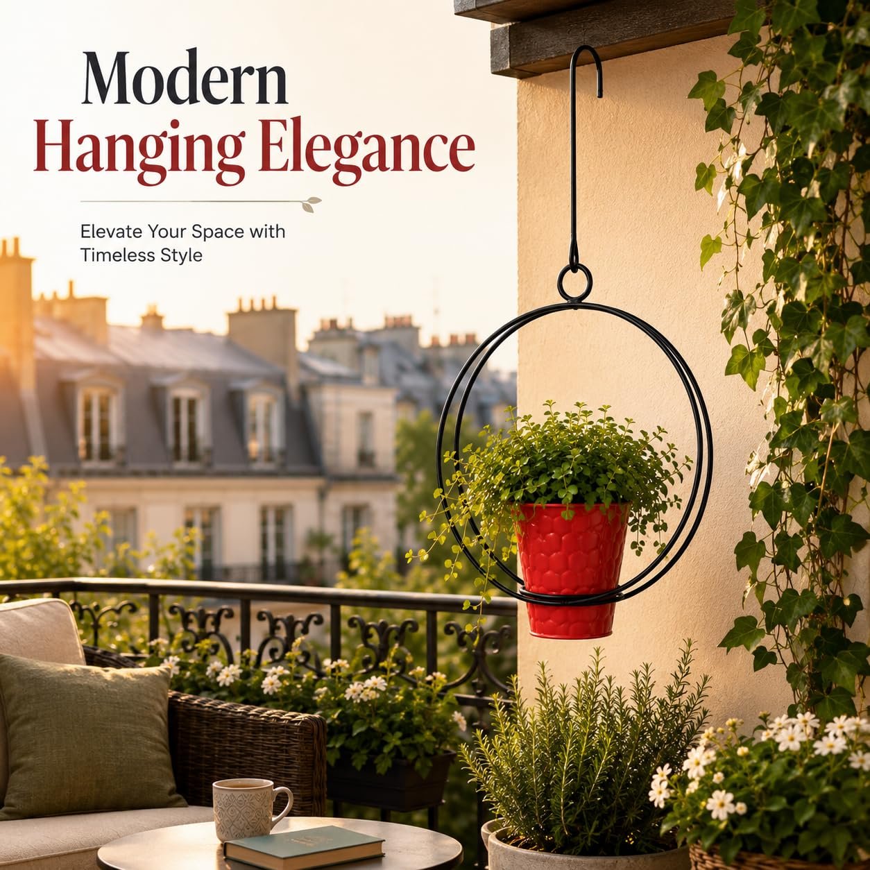 12-Inch Double Ring Hanging Metal Planter Holder with Pot, Matte Black Iron Hanging Plant Stand for Indoor & Outdoor Balcony, Garden, Patio & Home Decor - Image 7