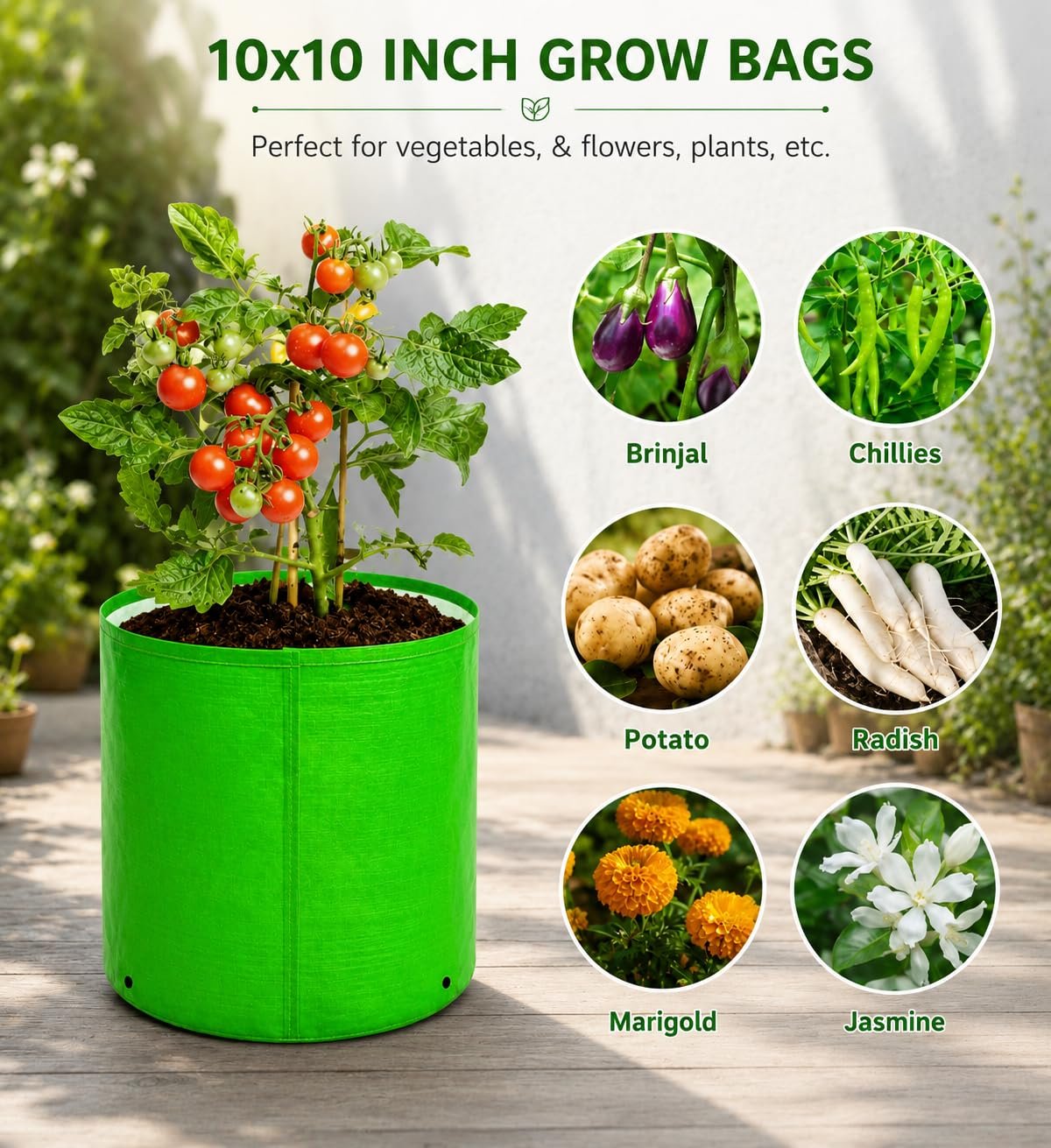 Premium Hdpe Uv Protected Round Shaped Green Colour Plants Grow Bags Suitable for Terrace and Vegetable Gardening 10x10 Inch Pack of 3 - Image 4