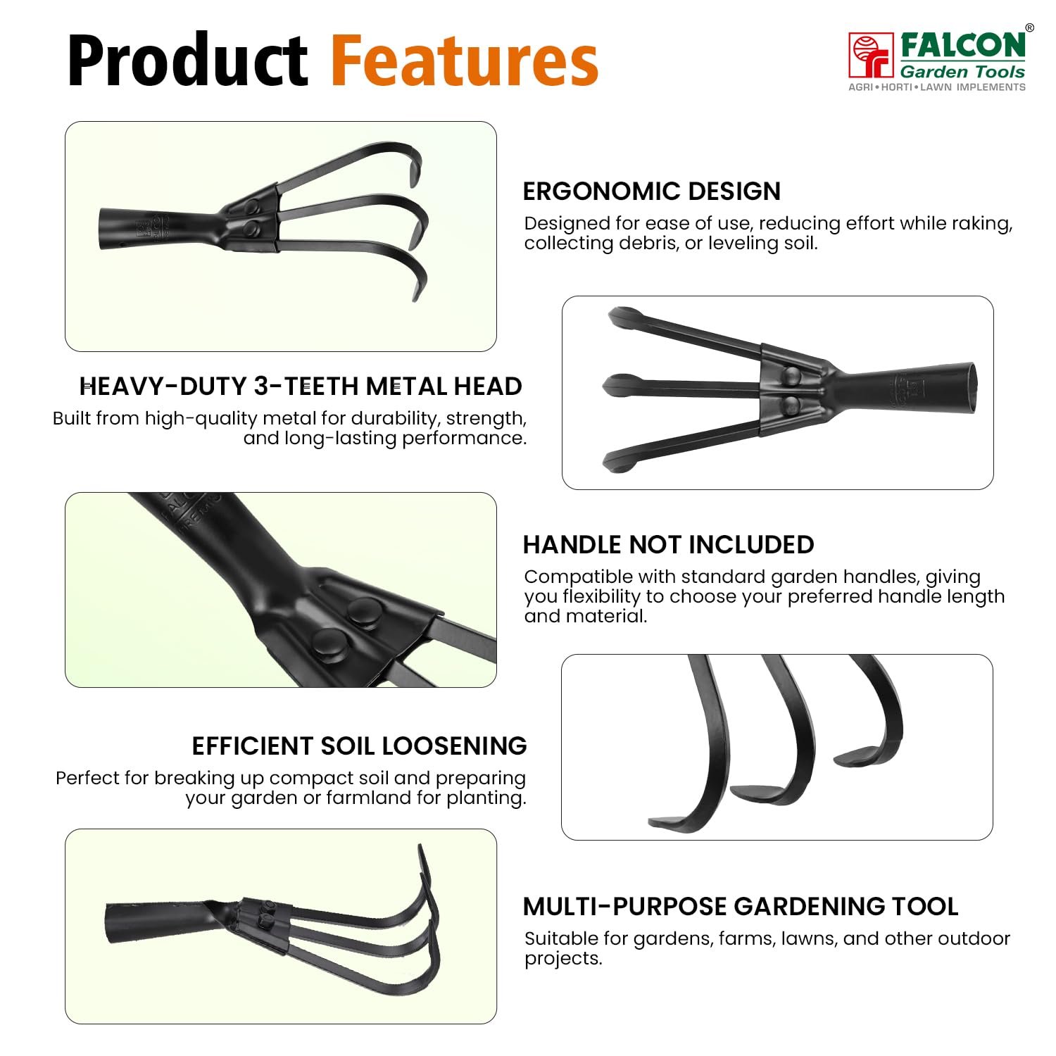 FCH-306 Garden Cultivator with Comfortable Grip and 3 Prong Stainless Steel Durable Heavy Duty Hand Tool for Agriculture & Home Gardening Soil Loosening (Black) - Image 3