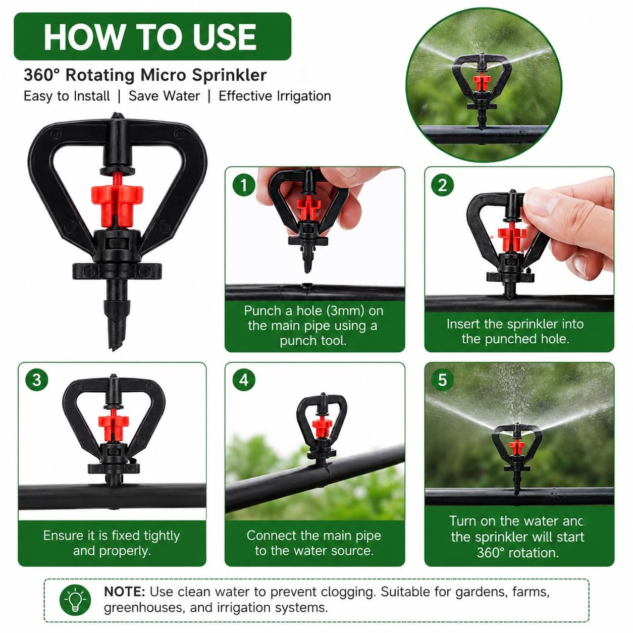 Hanging Drip Irrigation Kit 360° Rotatable Micro Sprinkler, 4mm Garden Water Sprayer Nozzle, Adjustable Watering Sprinkler Head for Garden, Greenhouse, Nursery, Lawn, Agriculture & Orchard(Pack of 10) - Image 3