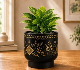Decorative Metal Planter Pot with Golden Floral Design
