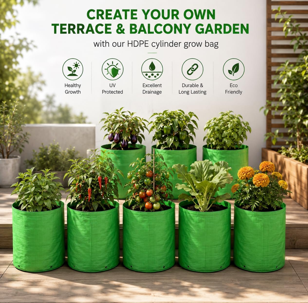 Premium Hdpe Uv Protected Round Shaped Green Colour Plants Grow Bags Suitable for Terrace and Vegetable Gardening 10x10 Inch Pack of 3 - Image 6