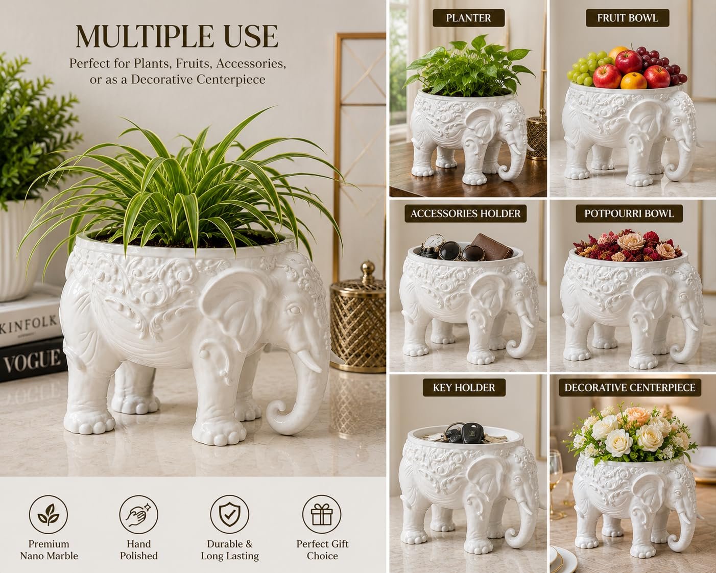 AVINOHA Airavata Nano Marble Elephant Planter Bowl for Home Decor, White, Tulsi Pot, Functional & Decorative, 23.5 x 17.5 x 17 cm - Image 5