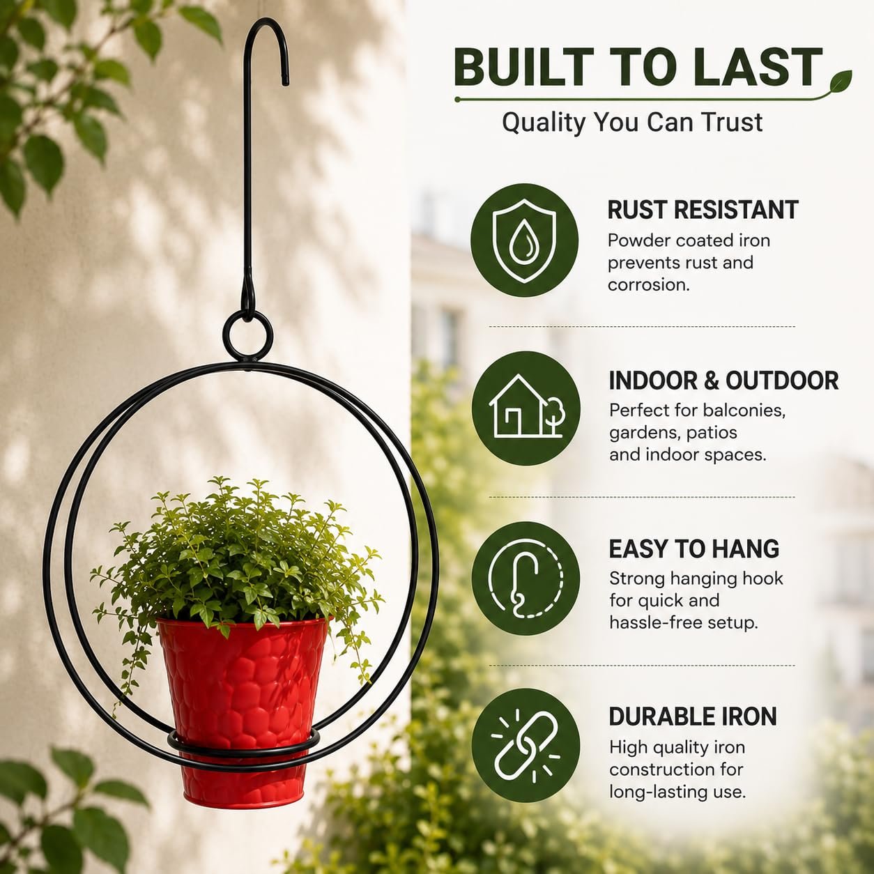12-Inch Double Ring Hanging Metal Planter Holder with Pot, Matte Black Iron Hanging Plant Stand for Indoor & Outdoor Balcony, Garden, Patio & Home Decor - Image 3