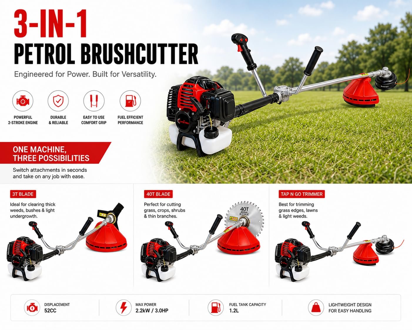 ID-053 52CC Petrol Brush Cutter Machine (2-Stroke) | Grass Trimmer & Crop Cutting Tool with Harvester & Extra Blade | Ideal for Farming, Agriculture & Lawn Cutting - Image 2