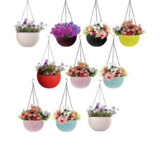EcoEverGreen Vibrant Rattan Look Hanging Planter 10 Set with Chain | All-Weather Plastic Hanging Baskets for Flowers & Decor | Instant Indoor/Outdoor Color for Porch (Multi, 8INC)