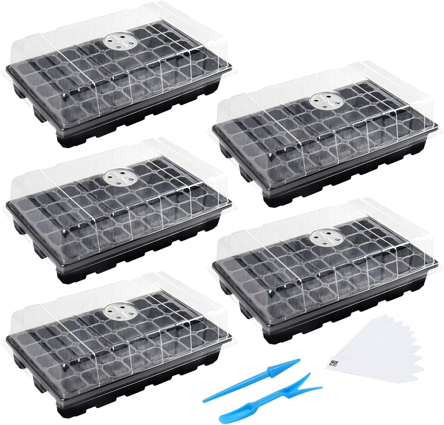 Seedling Trays Seed Starter Tray, 5-Pack Mini Propagator Plant Grow Kit Greenhouse with Humidity Vented Domes and Base for Seeds' Starting (40 Cells Per Tray, Total 200 Cells), Black