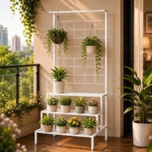 Bloom Plant Stands for Outdoor Balcony, Flower Pot Stand for Indoor Plants, Large Metal Planter Stand for Living Room, home decor, Indoor & Outdoor plants, 4 Tier, (White)