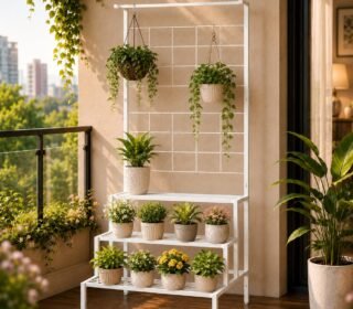 Bloom Plant Stands for Outdoor Balcony, Flower Pot Stand for Indoor Plants, Large Metal Planter Stand for Living Room, home decor, Indoor & Outdoor plants, 4 Tier, (White)