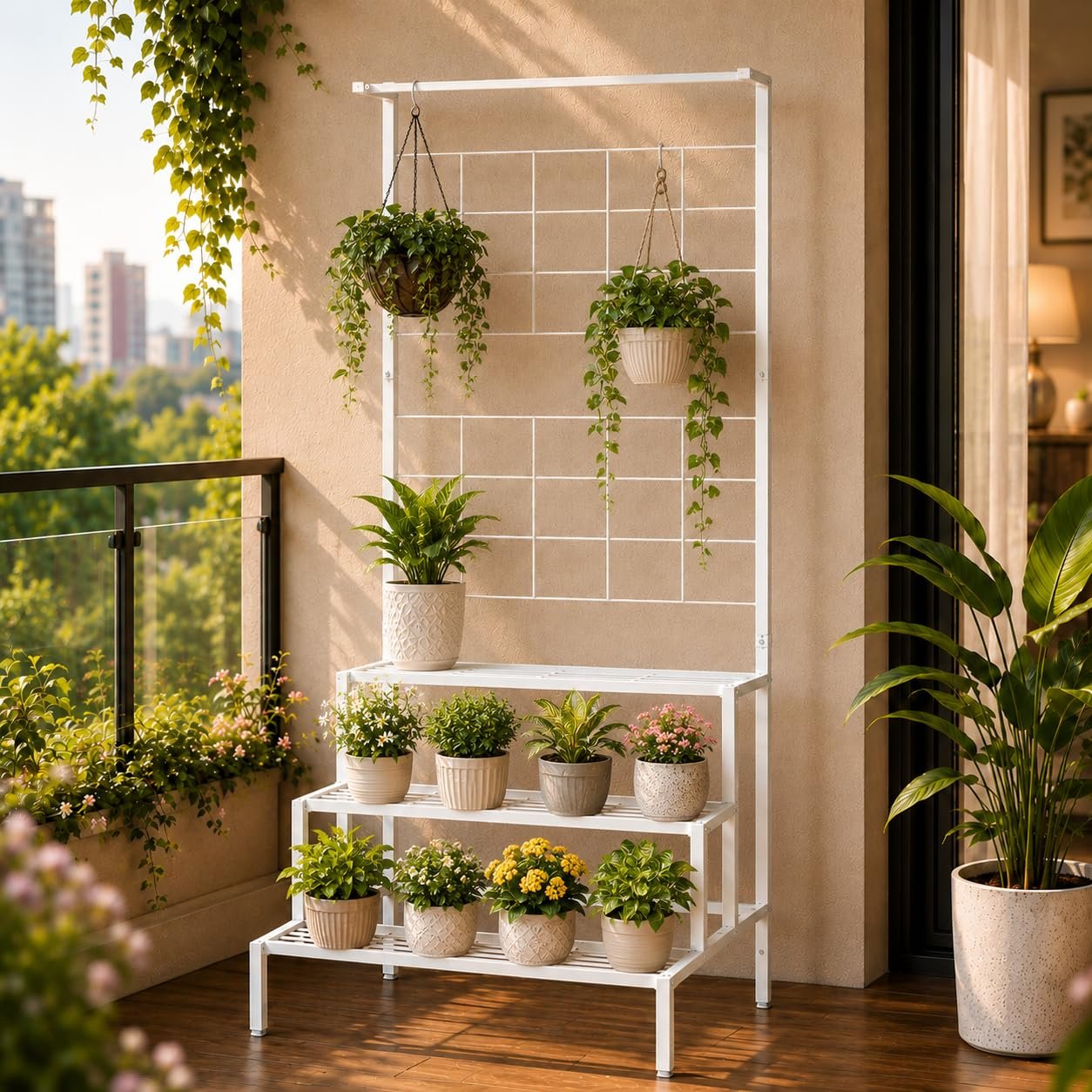 Bloom Plant Stands for Outdoor Balcony, Flower Pot Stand for Indoor Plants, Large Metal Planter Stand for Living Room, home decor, Indoor & Outdoor plants, 4 Tier, (White)