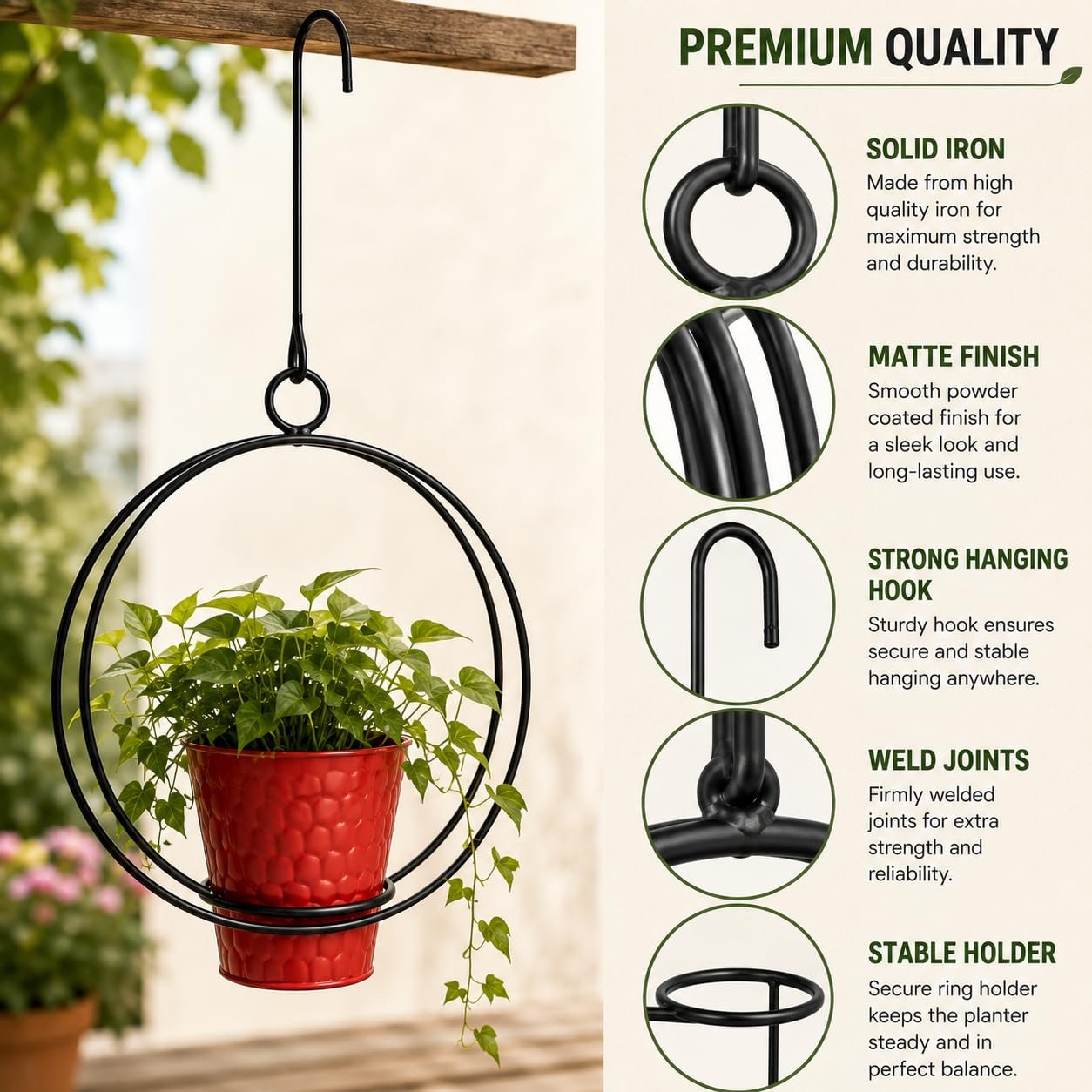 12-Inch Double Ring Hanging Metal Planter Holder with Pot, Matte Black Iron Hanging Plant Stand for Indoor & Outdoor Balcony, Garden, Patio & Home Decor - Image 8